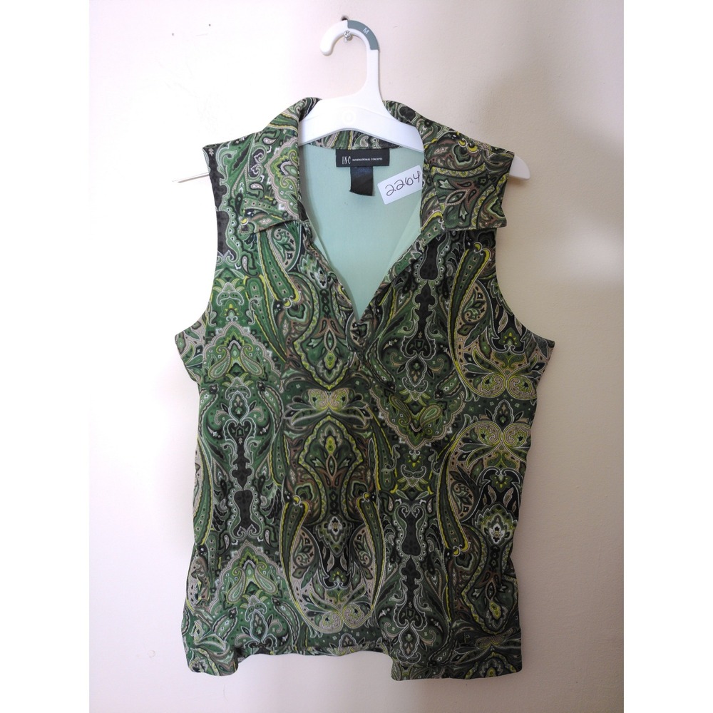 INC Paisley Sleeveless Top Womens Medium Green Vtg Inspo Boho Y2K V-Neck Blouse